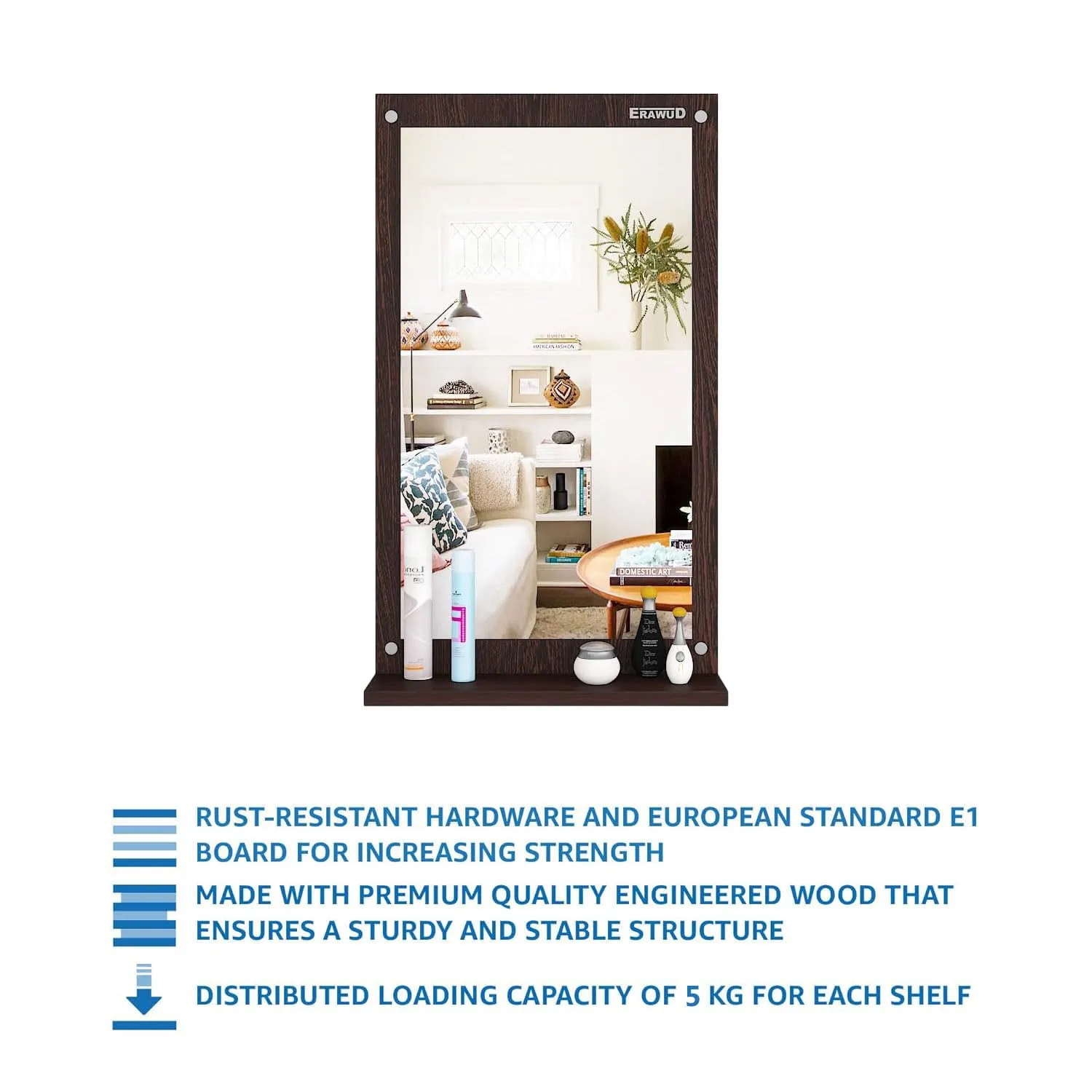 ERAWUD Wood Wall Mount Rectangular Wall Mirror 70 x 35 x 1.1 Cm with Shelves for Home Decor Engineered Wood - Wenge