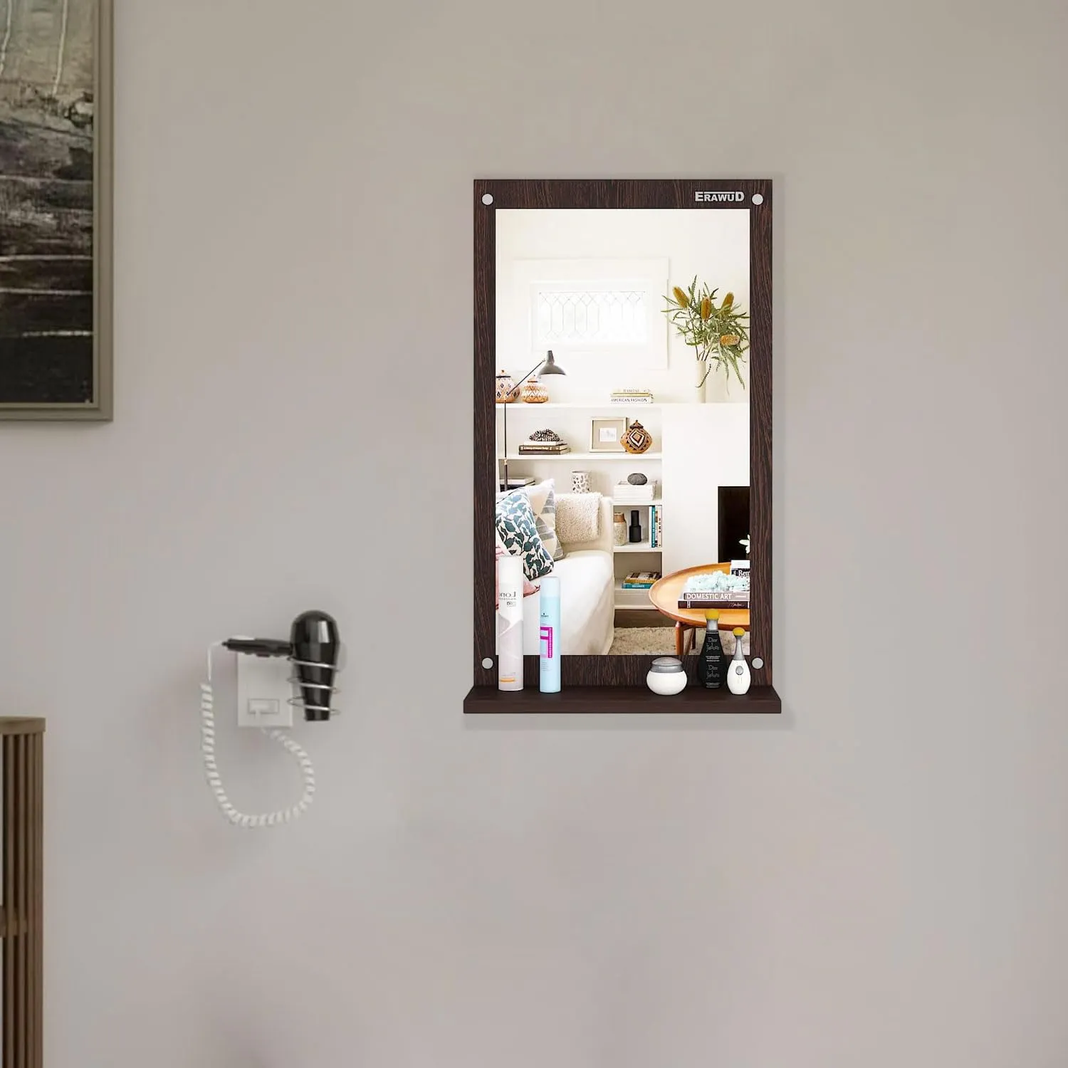 ERAWUD Wood Wall Mount Rectangular Wall Mirror 70 x 35 x 1.1 Cm with Shelves for Home Decor Engineered Wood - Wenge