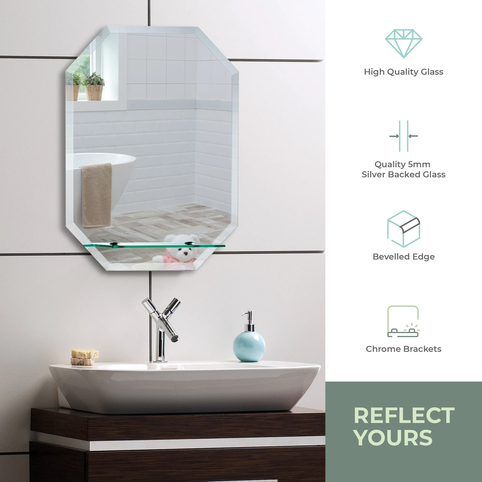 Fayre Octagonal Bathroom Wall Mirror with Shelf 60Hx45Wcm