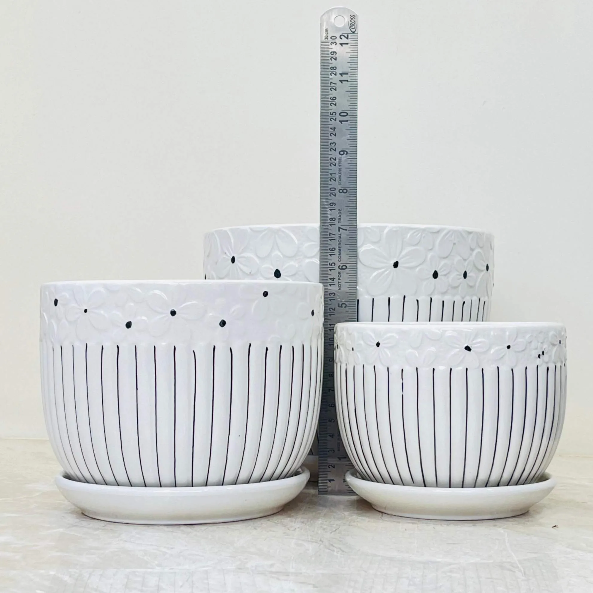 Floral Textured White Ceramic Pot Set with Striped Pattern (Set Of 3)
