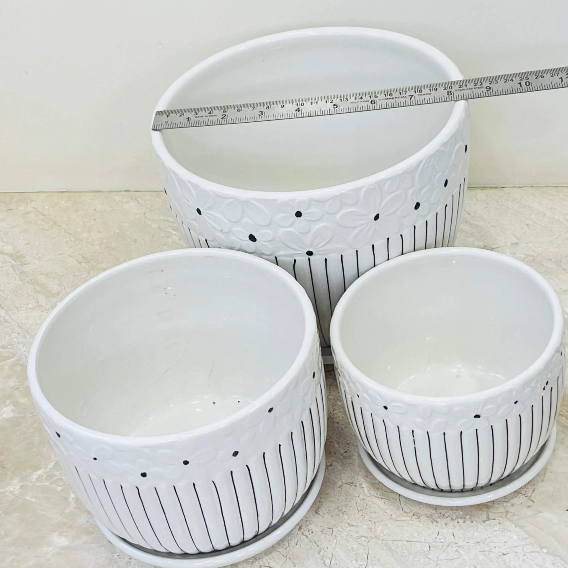 Floral Textured White Ceramic Pot Set with Striped Pattern (Set Of 3)