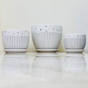 Floral Textured White Ceramic Pot Set with Striped Pattern (Set Of 3)