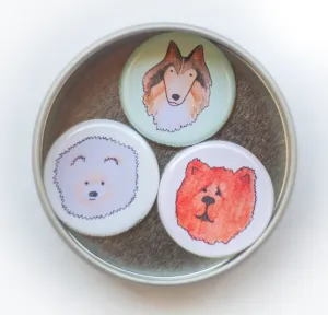 fluffy dog magnet set with pomeranian dog, collie dog, chow chow dog art