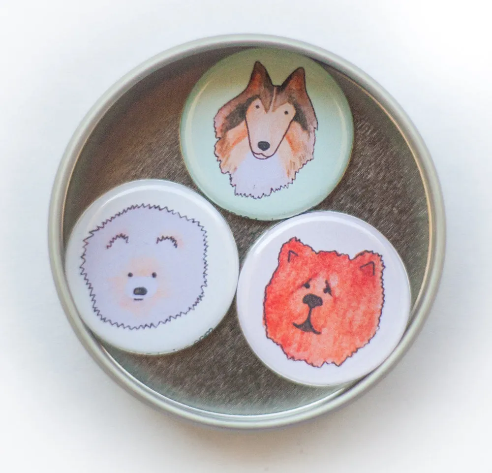 fluffy dog magnet set with pomeranian dog, collie dog, chow chow dog art