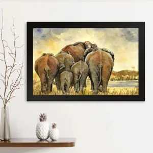 GADGETS WRAP Printed Photo Frame Matte Painting for Home Office Studio Living Room Decoration (14x11inch Black Framed) - Elephants Herd