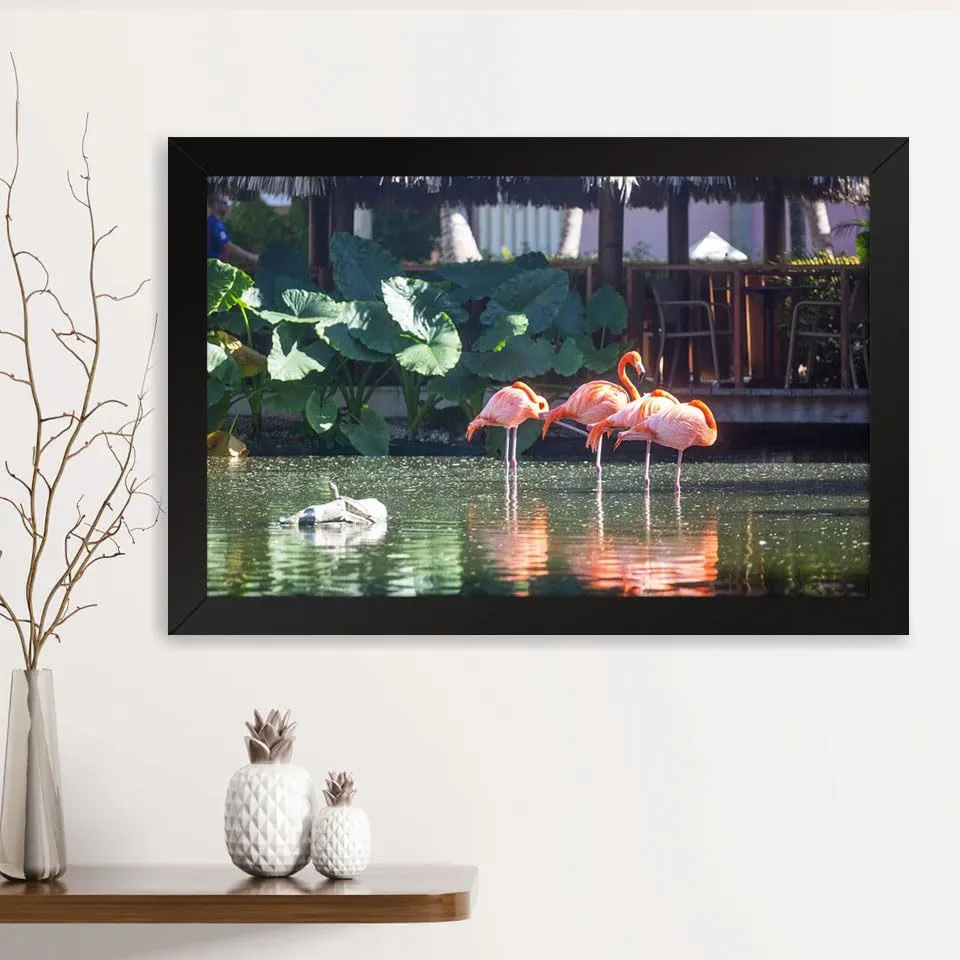 GADGETS WRAP Printed Photo Frame Matte Painting for Home Office Studio Living Room Decoration (14x11inch Black Framed) - Flamingo Birds On Water