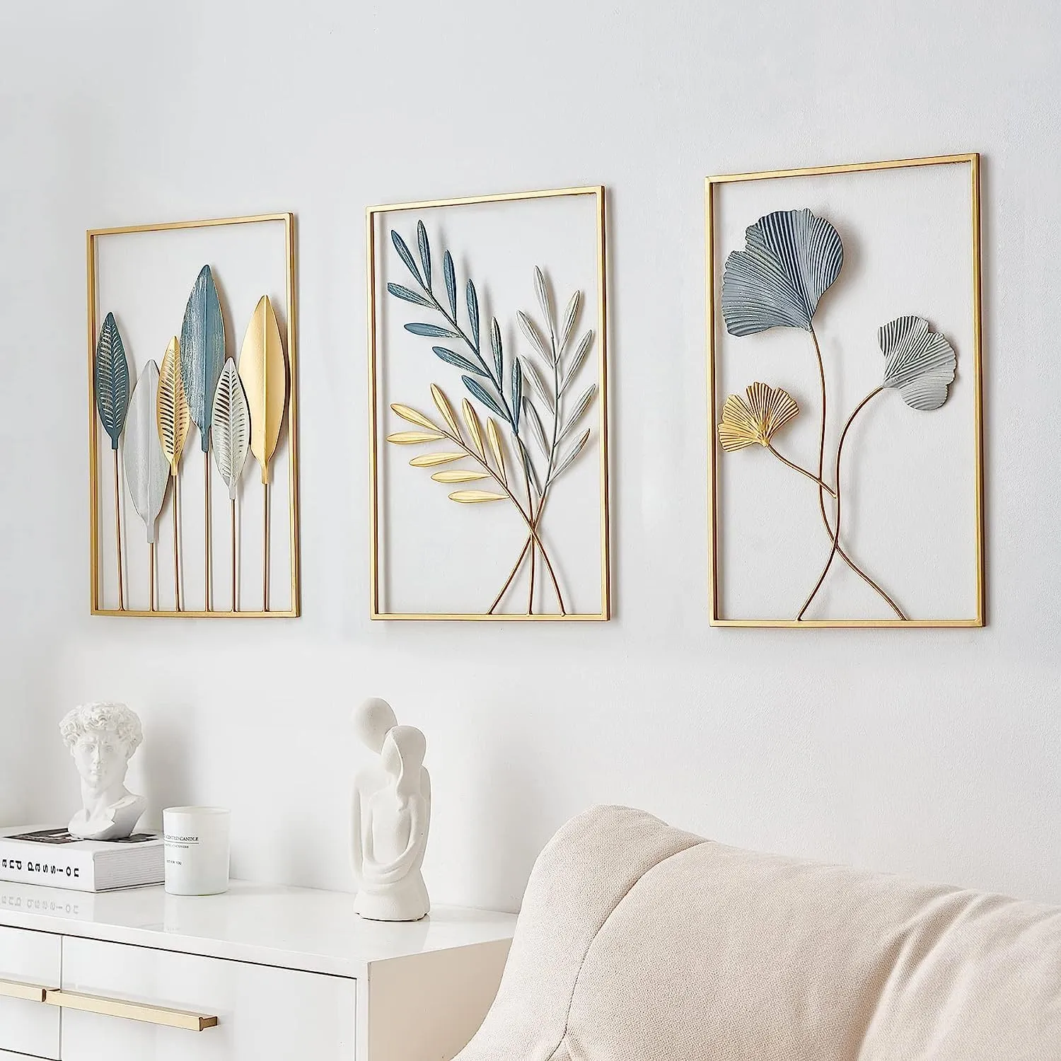 H S Creation Gold Leaf Wall Hanging Decoration, Set of 3 Metal Wall Art Home Decor Perfect for Living Room/Hotel/Restaurant/Bedroom/Drawing Room