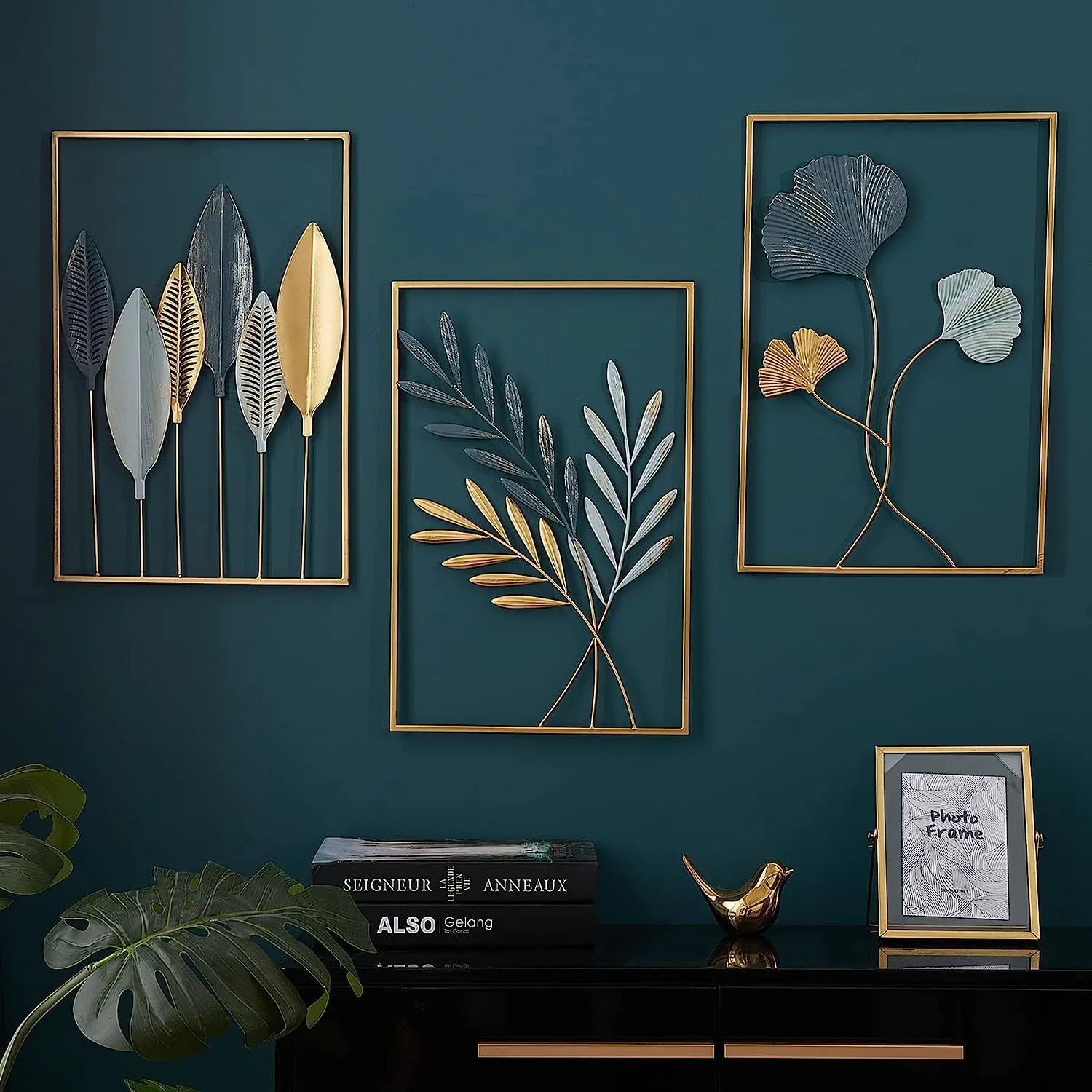 H S Creation Gold Leaf Wall Hanging Decoration, Set of 3 Metal Wall Art Home Decor Perfect for Living Room/Hotel/Restaurant/Bedroom/Drawing Room