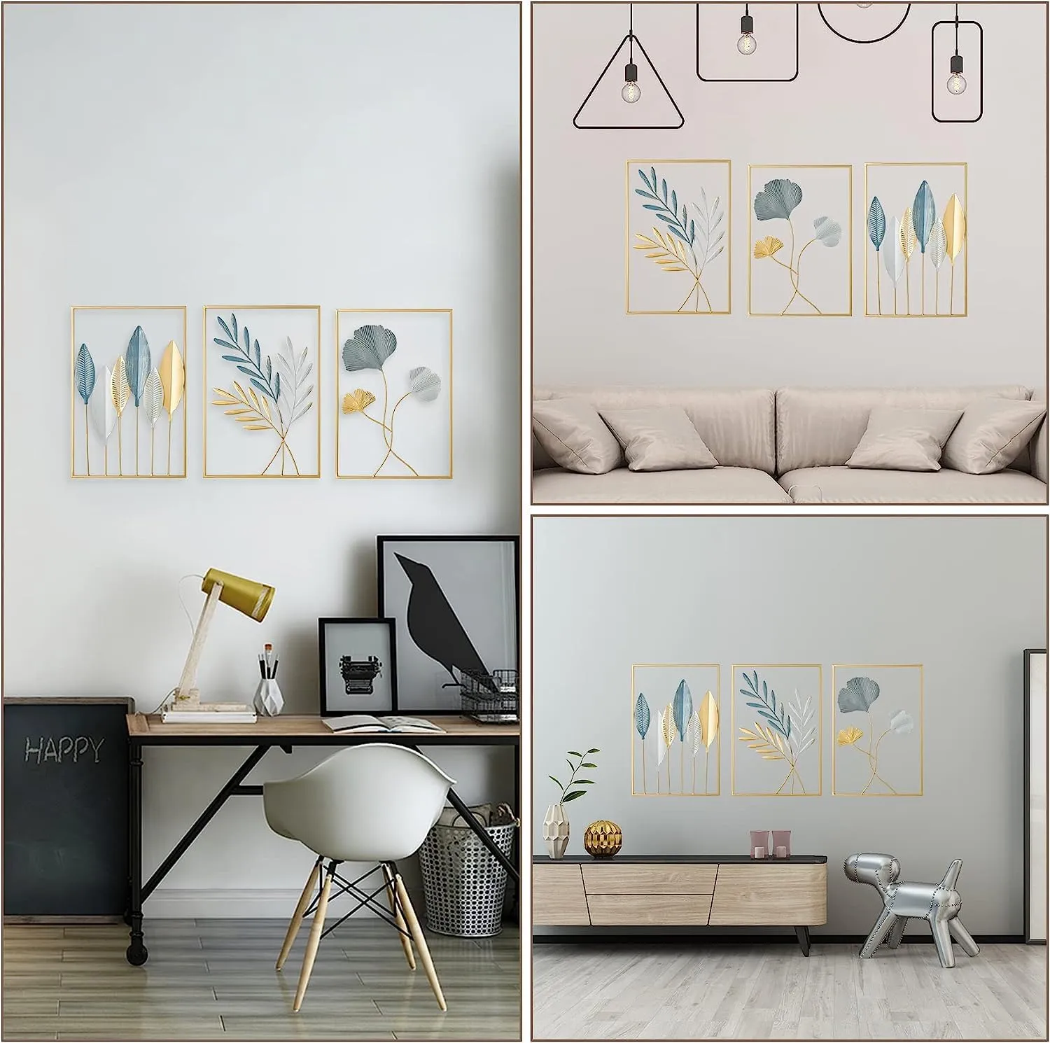 H S Creation Gold Leaf Wall Hanging Decoration, Set of 3 Metal Wall Art Home Decor Perfect for Living Room/Hotel/Restaurant/Bedroom/Drawing Room