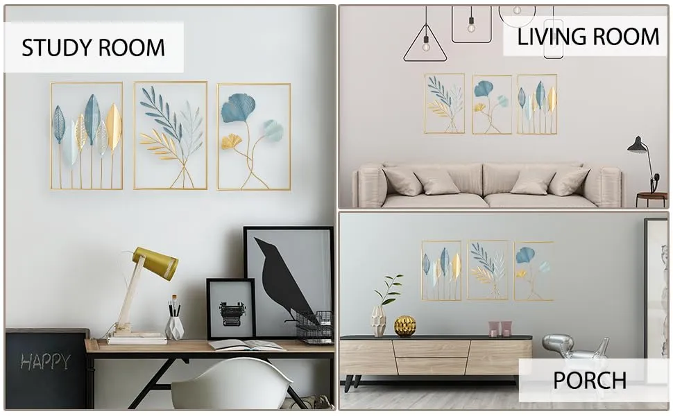 H S Creation Gold Leaf Wall Hanging Decoration, Set of 3 Metal Wall Art Home Decor Perfect for Living Room/Hotel/Restaurant/Bedroom/Drawing Room