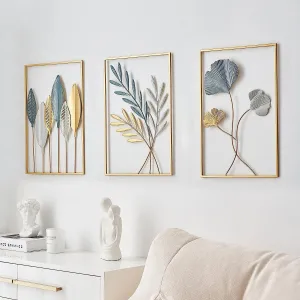 H S Creation Gold Leaf Wall Hanging Decoration, Set of 3 Metal Wall Art Home Decor Perfect for Living Room/Hotel/Restaurant/Bedroom/Drawing Room