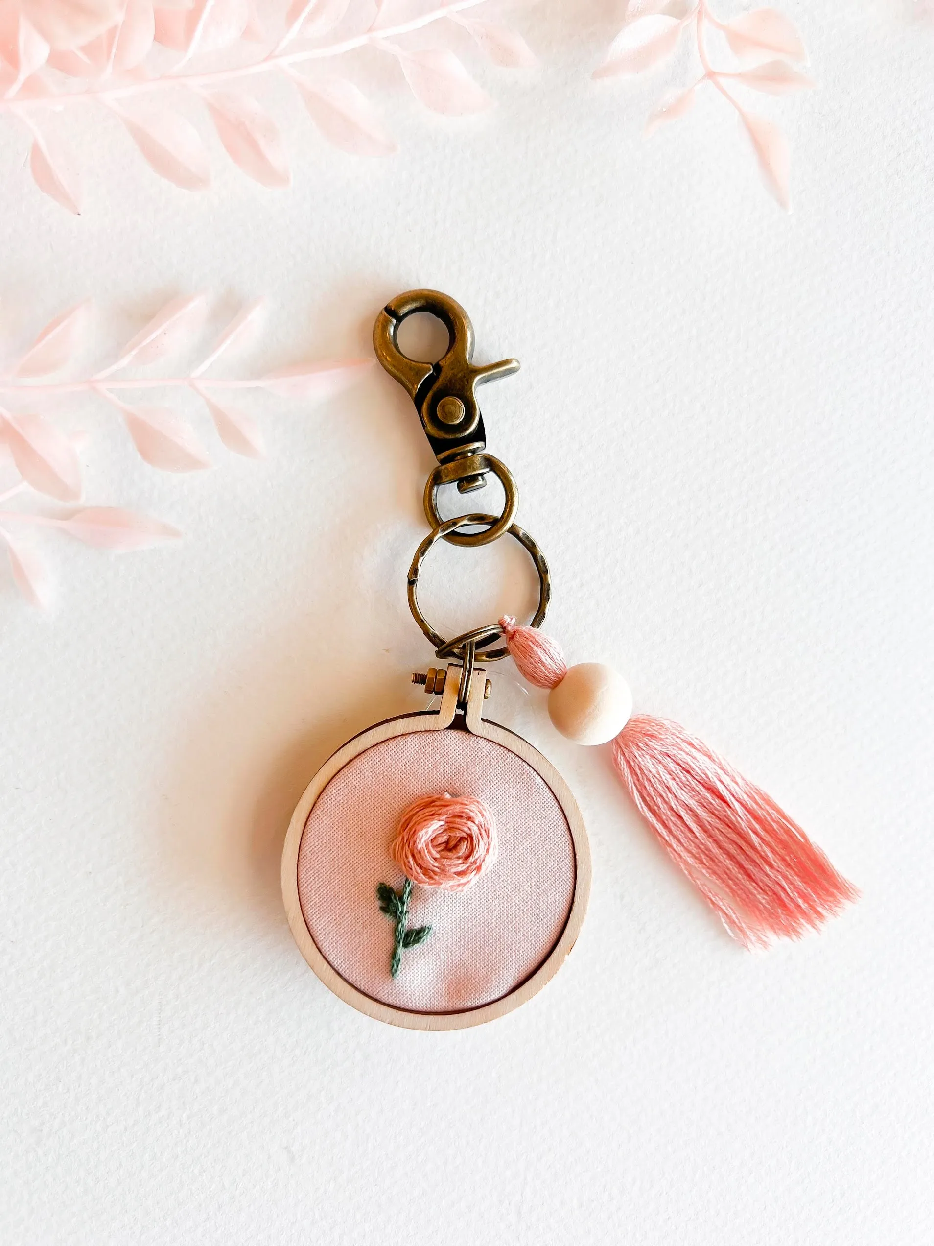 Hand Embroidered Floral Keychains | Handmade Flower Keychain | Boho Natural Wood Thread Tassel
