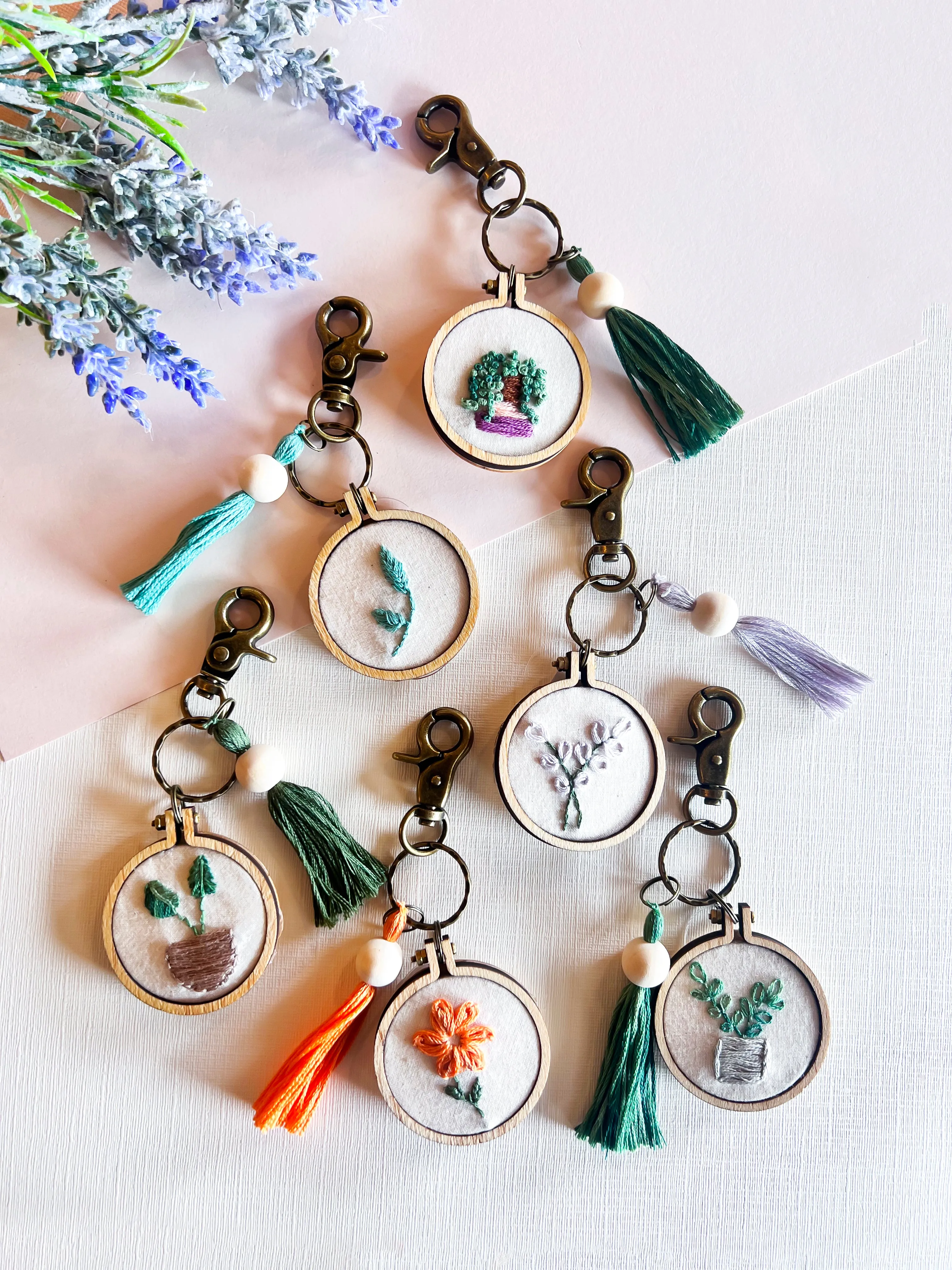 Hand Embroidered Floral Keychains | Handmade Flower Keychain | Boho Natural Wood Thread Tassel