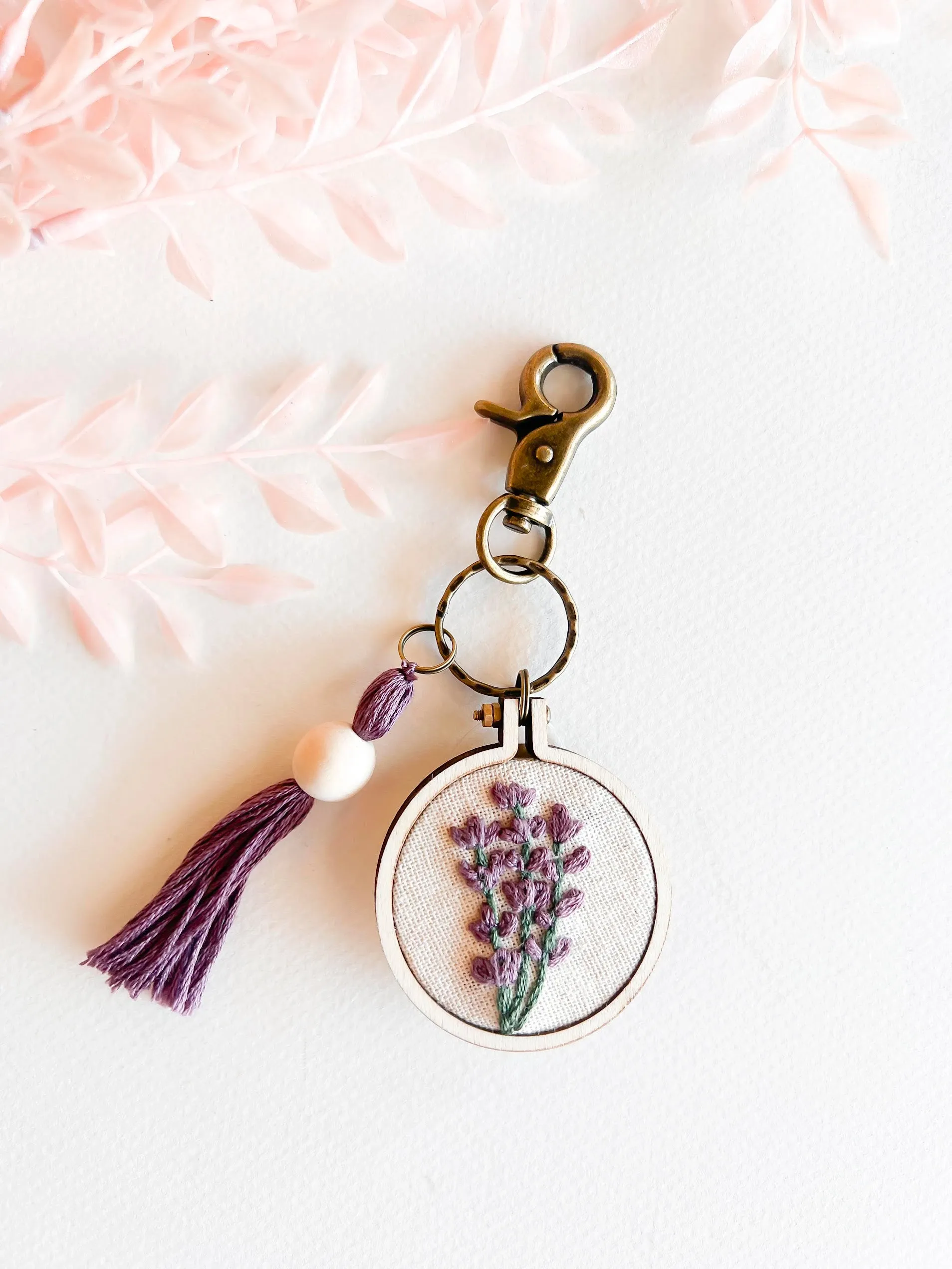 Hand Embroidered Floral Keychains | Handmade Flower Keychain | Boho Natural Wood Thread Tassel