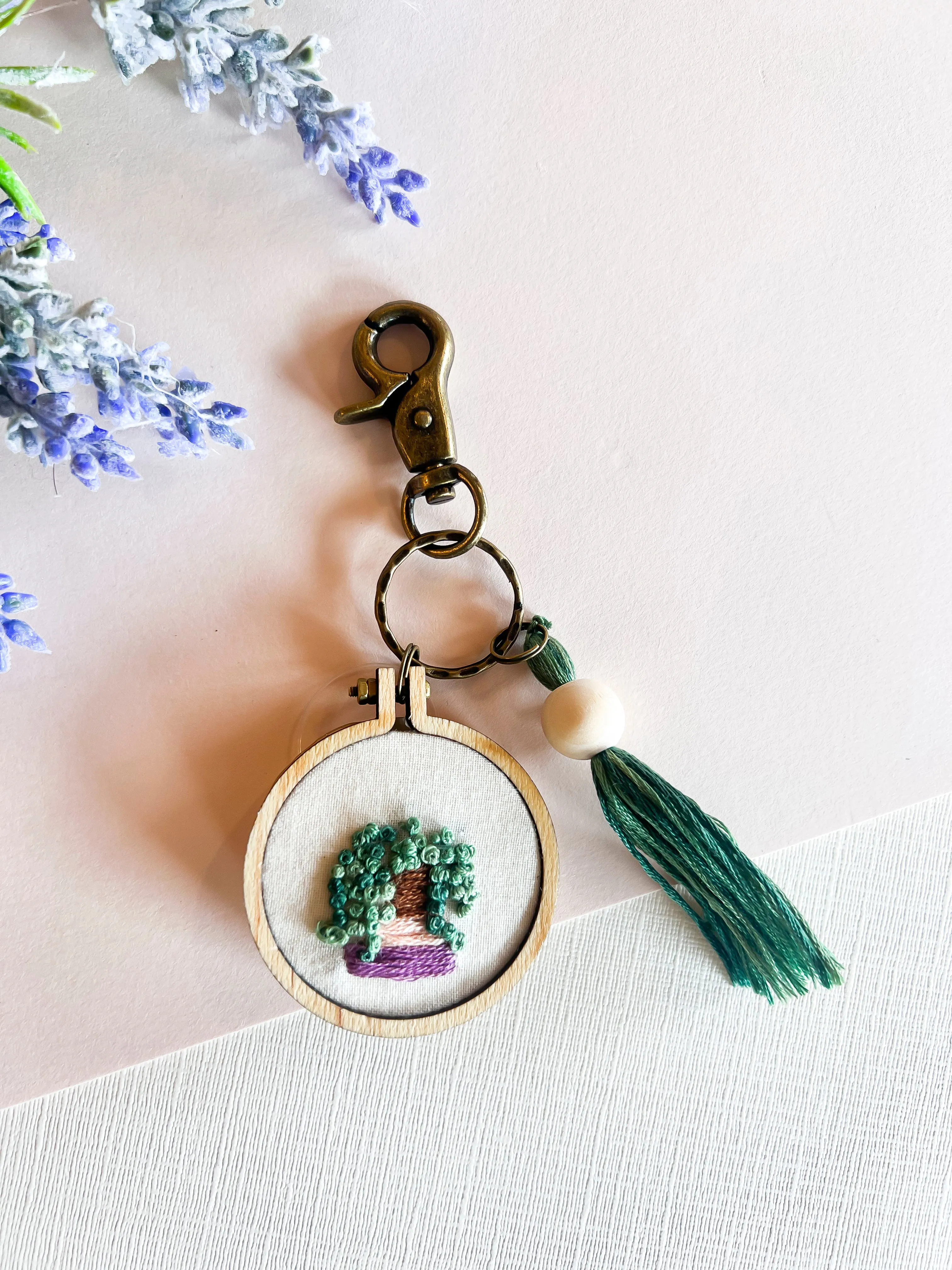 Hand Embroidered Floral Keychains | Handmade Flower Keychain | Boho Natural Wood Thread Tassel