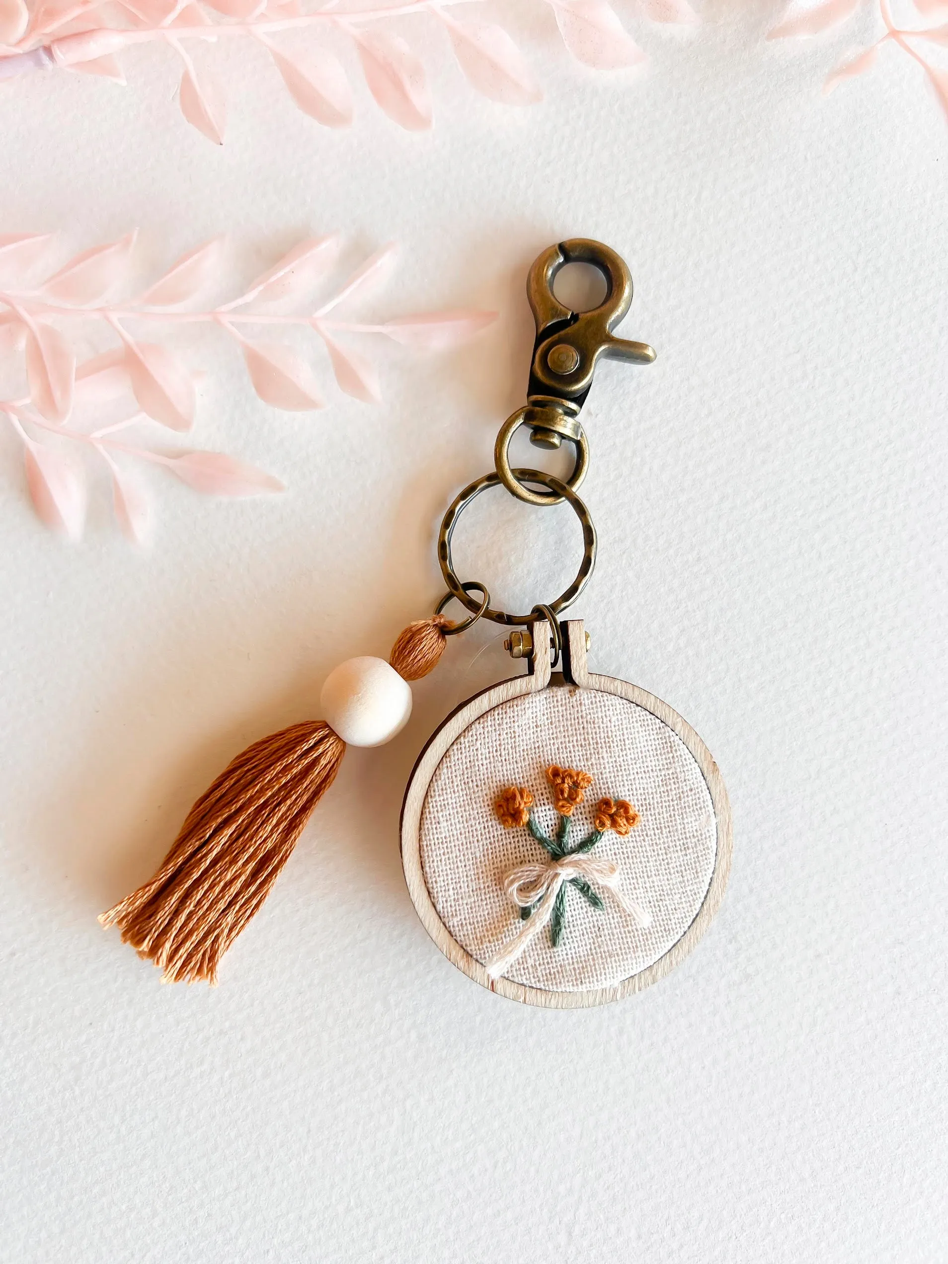 Hand Embroidered Floral Keychains | Handmade Flower Keychain | Boho Natural Wood Thread Tassel