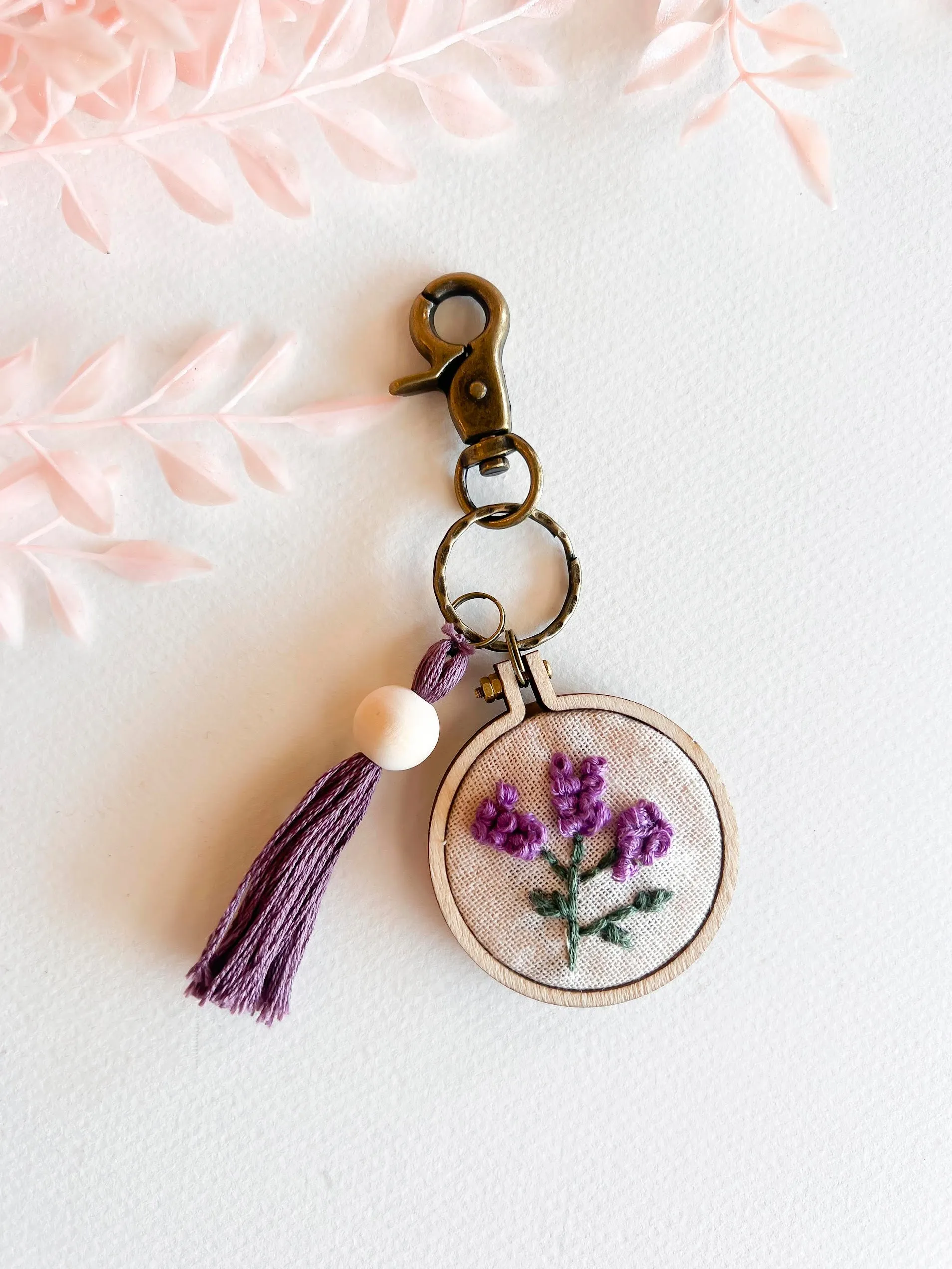 Hand Embroidered Floral Keychains | Handmade Flower Keychain | Boho Natural Wood Thread Tassel