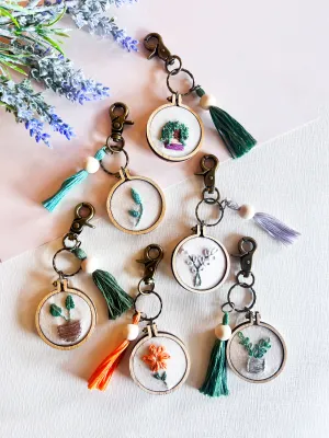Hand Embroidered Floral Keychains | Handmade Flower Keychain | Boho Natural Wood Thread Tassel
