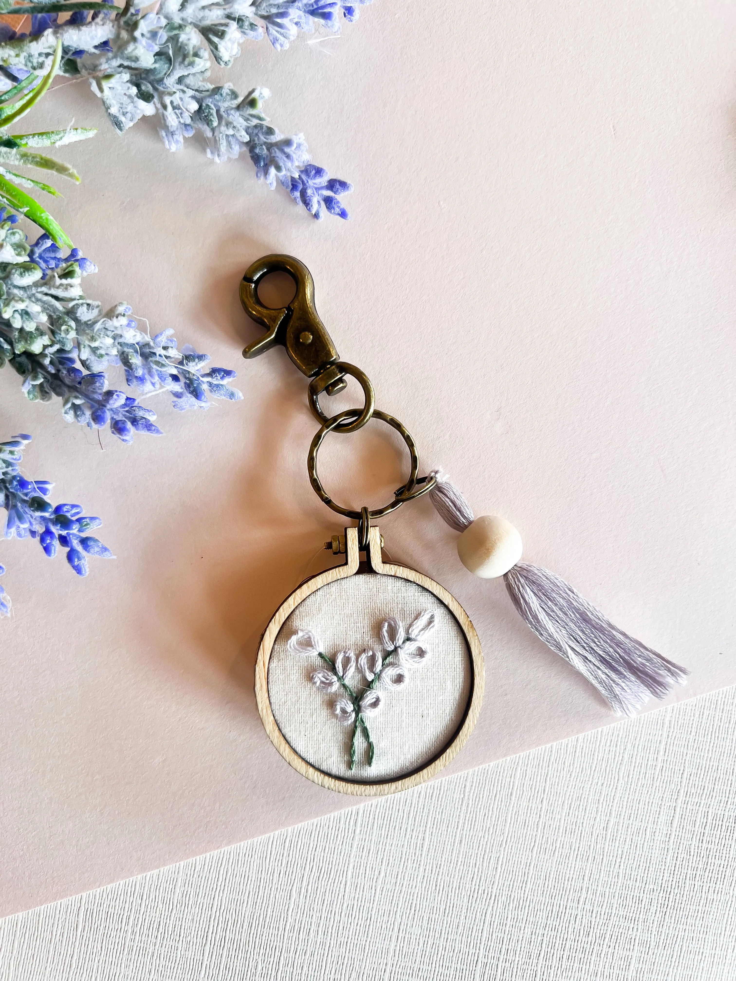 Hand Embroidered Floral Keychains | Handmade Flower Keychain | Boho Natural Wood Thread Tassel