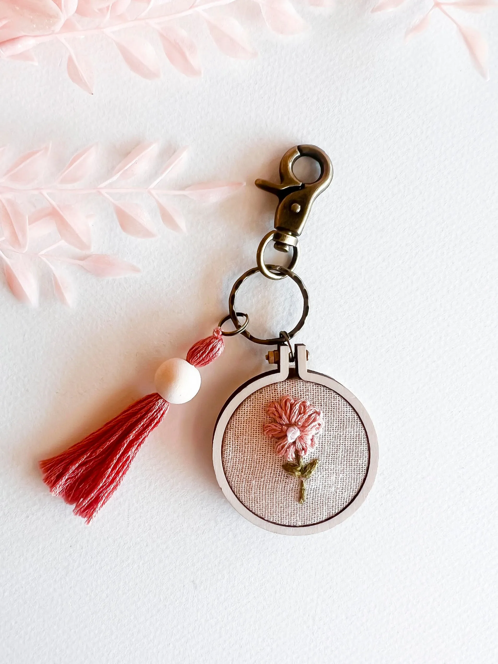 Hand Embroidered Floral Keychains | Handmade Flower Keychain | Boho Natural Wood Thread Tassel