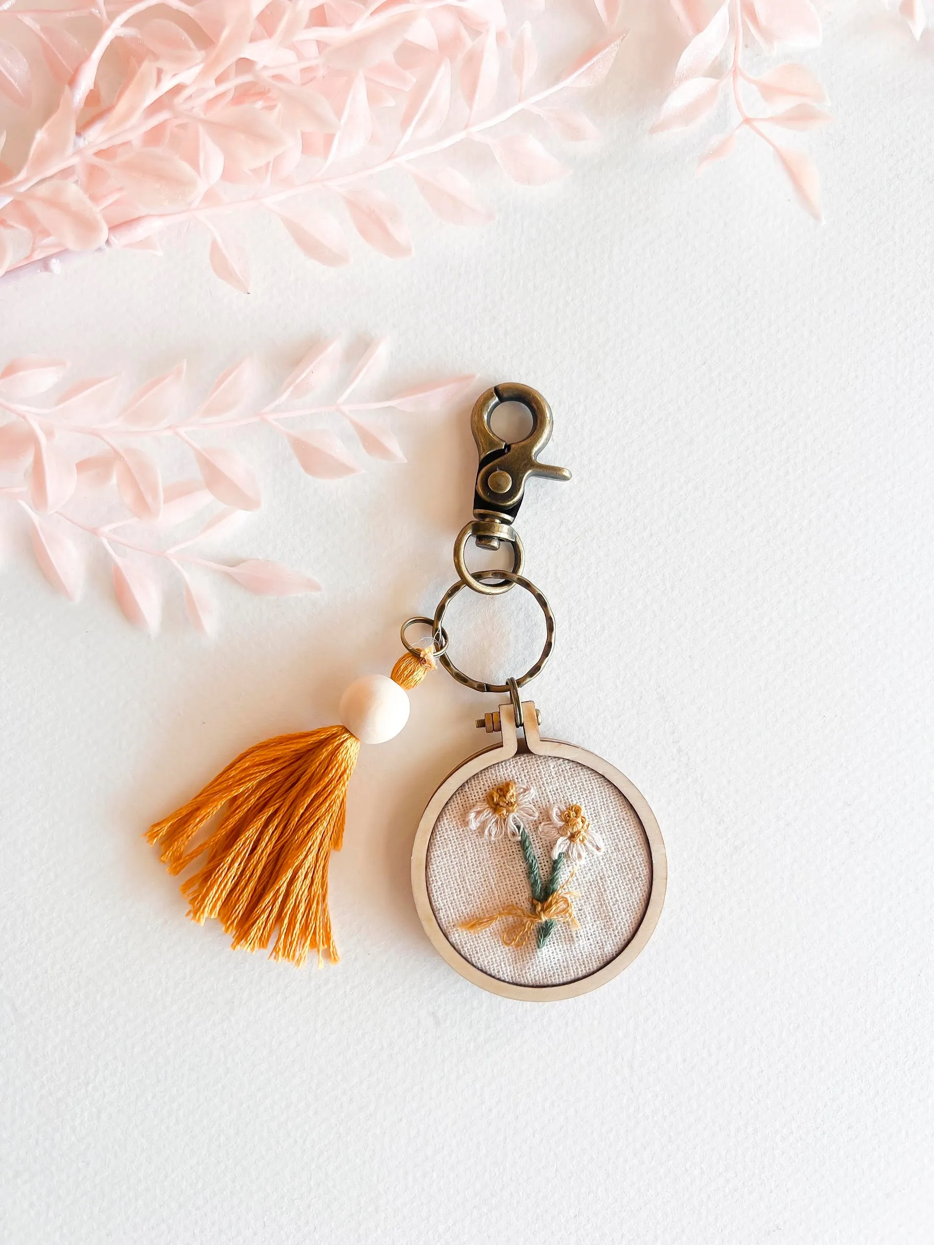 Hand Embroidered Floral Keychains | Handmade Flower Keychain | Boho Natural Wood Thread Tassel
