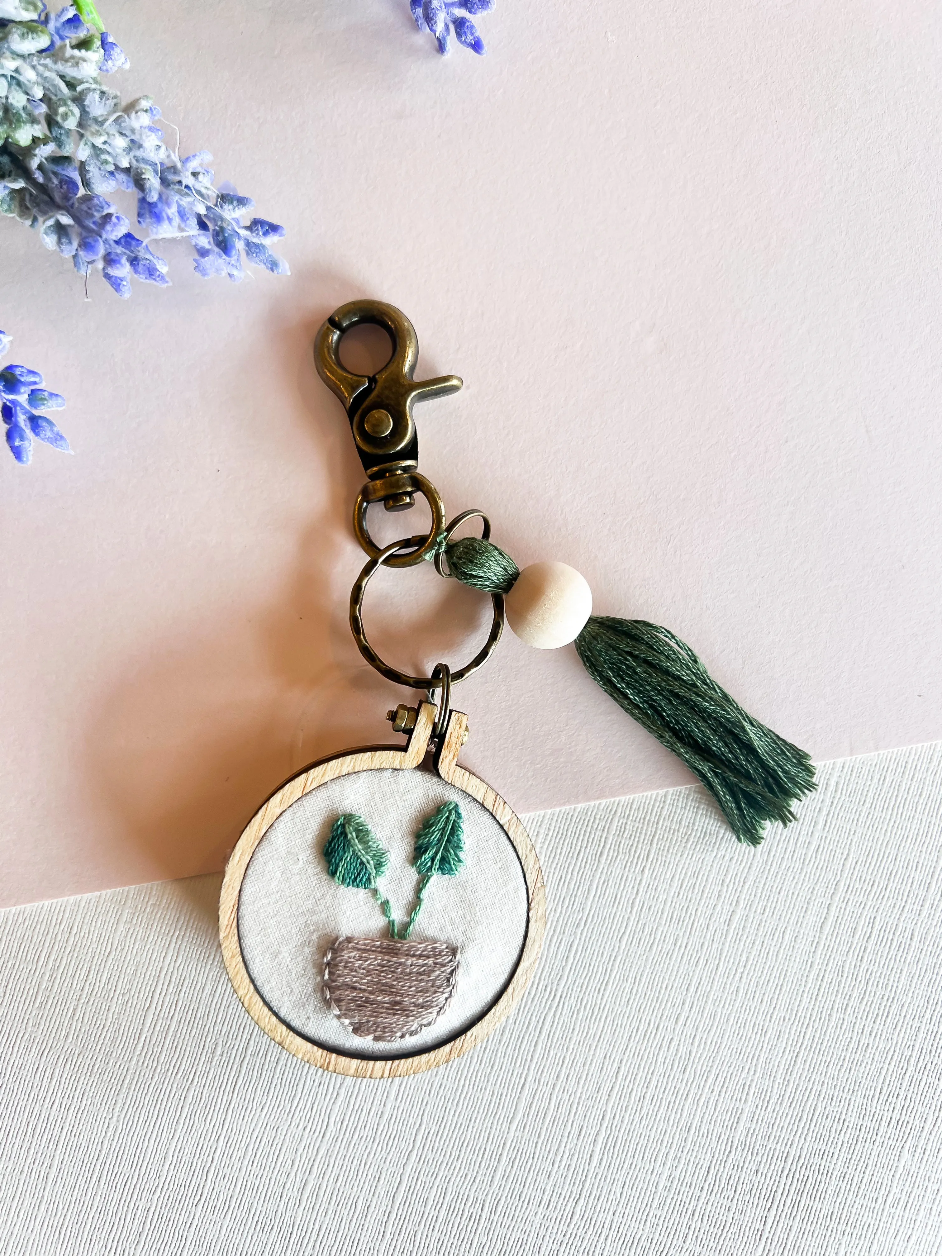 Hand Embroidered Floral Keychains | Handmade Flower Keychain | Boho Natural Wood Thread Tassel