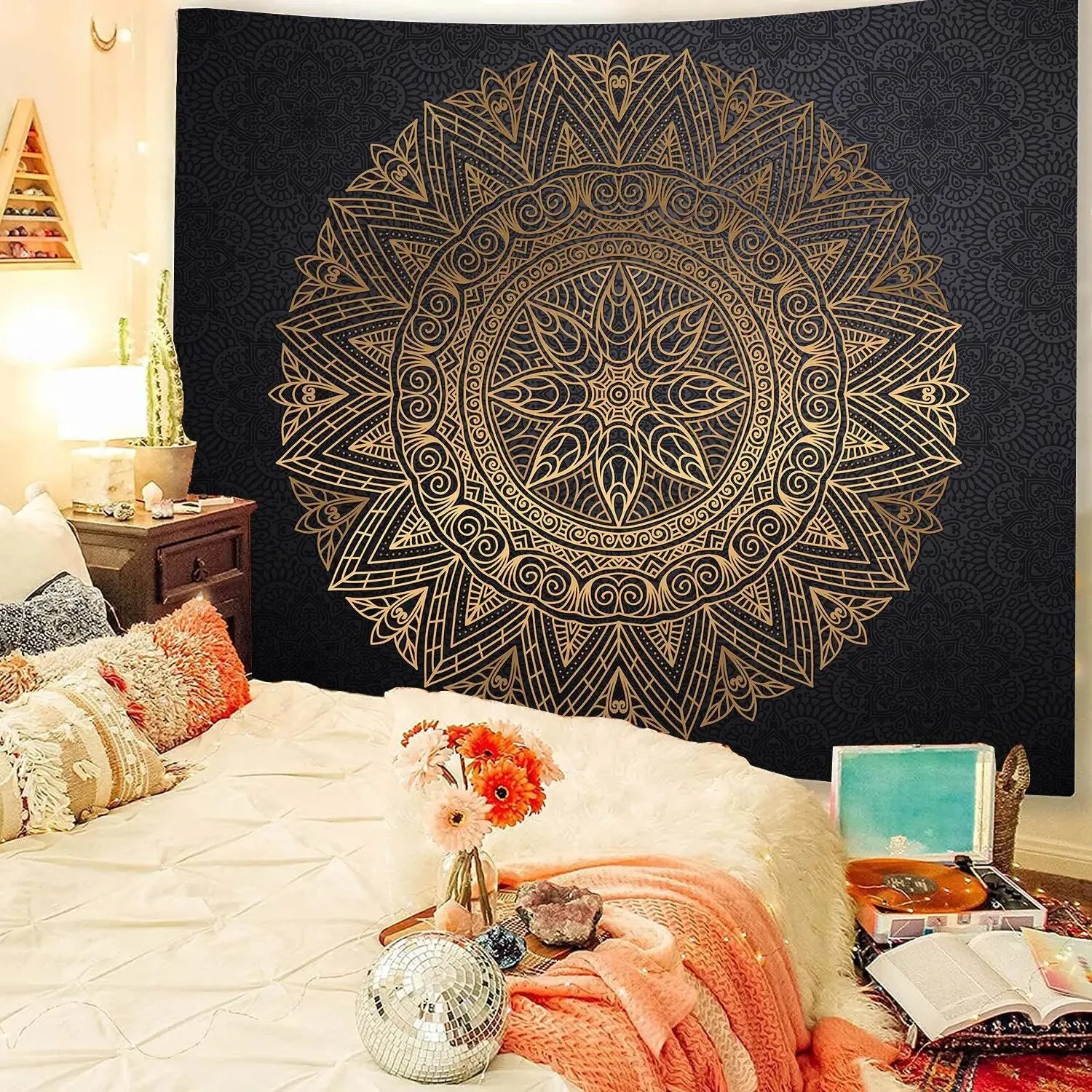 Indian Mandala Tapestry Psychedelic Lotus Gold Wall Hanging Boho Decor