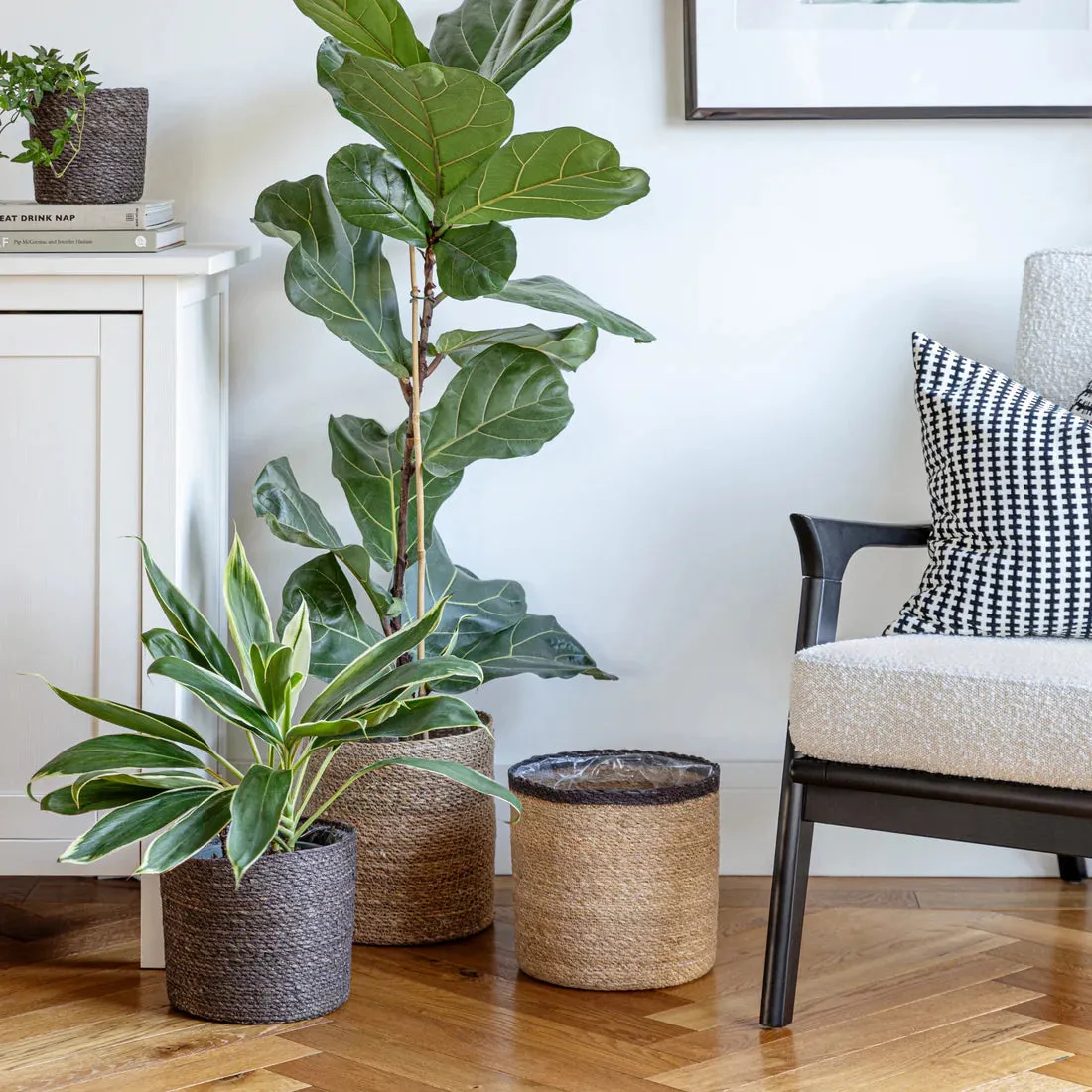 Ivyline 17cm Theo Grey Rim Woven Storage Basket Planters 100% Natural Split Seagrass