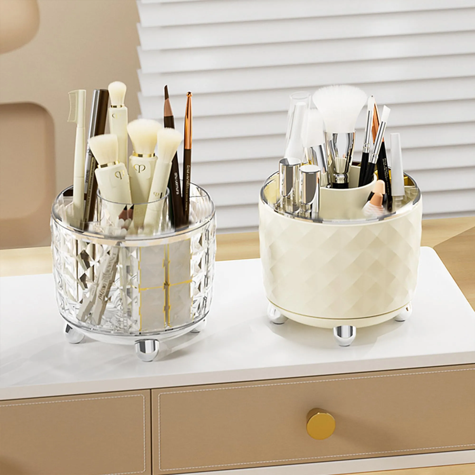 Kuber Industries Pack of 4 Multipurpose Storage Holder | Decorative Crystal Finish Stylish Look | Makeup Brush Holder | Desk Storage Container | YM.6698TS | Transparency Silver