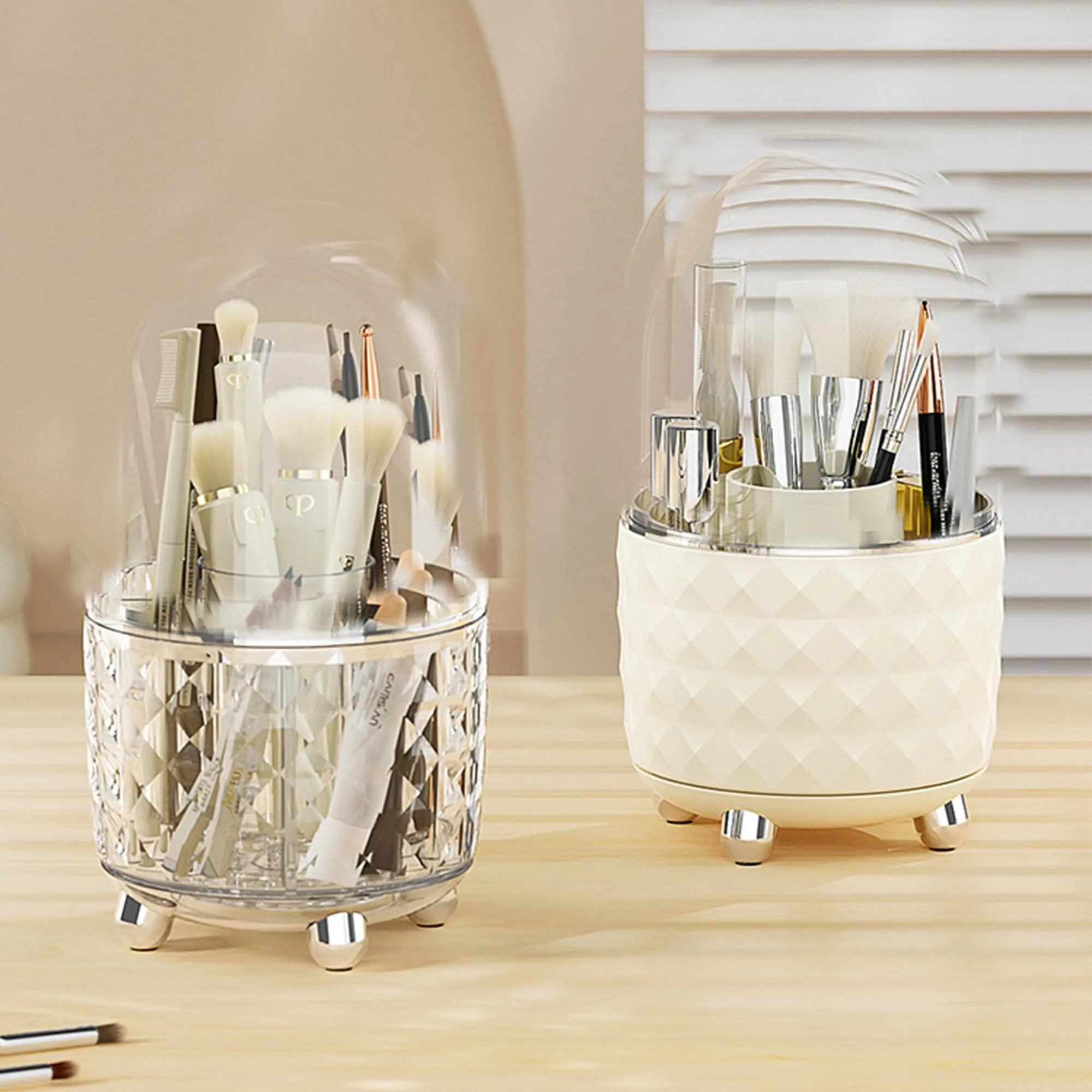 Kuber Industries Pack of 4 Multipurpose Storage Holder | Decorative Crystal Finish Stylish Look | Makeup Brush Holder | Desk Storage Container | YM.6698TS | Transparency Silver