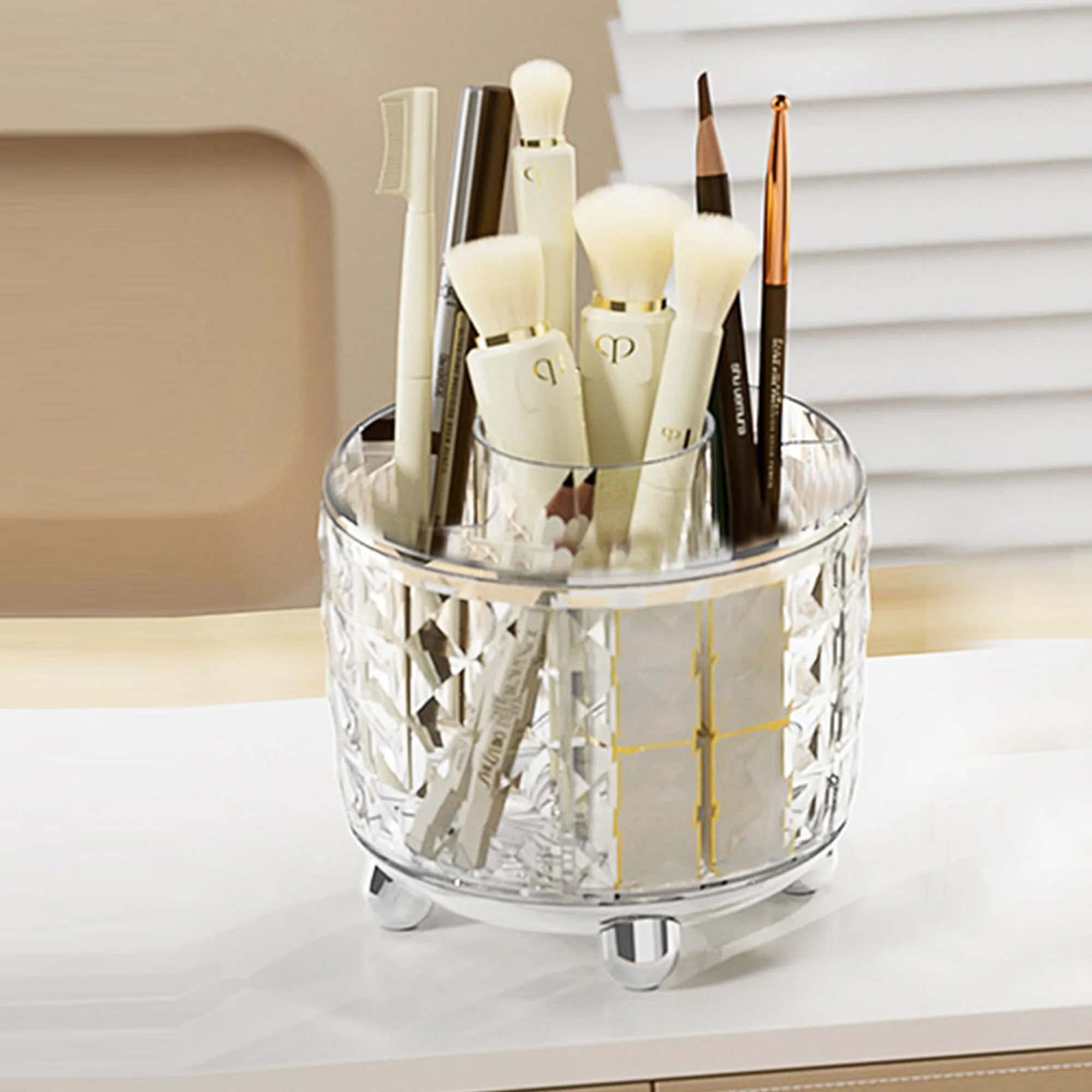 Kuber Industries Pack of 4 Multipurpose Storage Holder | Decorative Crystal Finish Stylish Look | Makeup Brush Holder | Desk Storage Container | YM.6698TS | Transparency Silver
