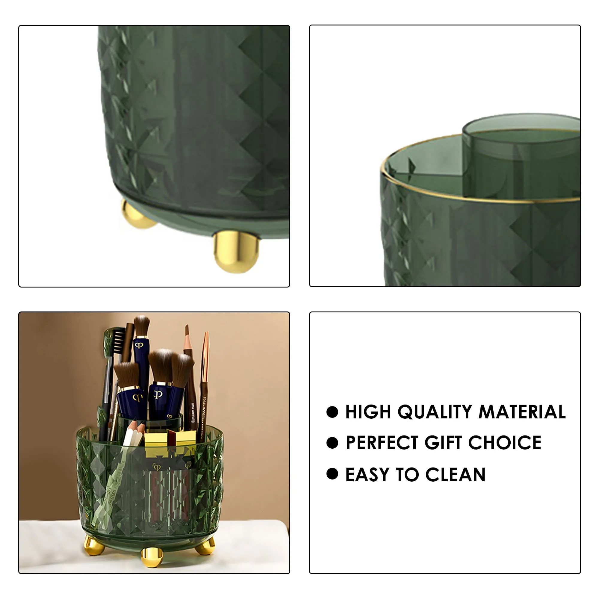 Kuber Industries Pack of 5 Multipurpose Storage Holder | Decorative Crystal Finish Stylish Look | Makeup Brush Holder | Desk Storage Container | YM.6698D | Dark Green Gold