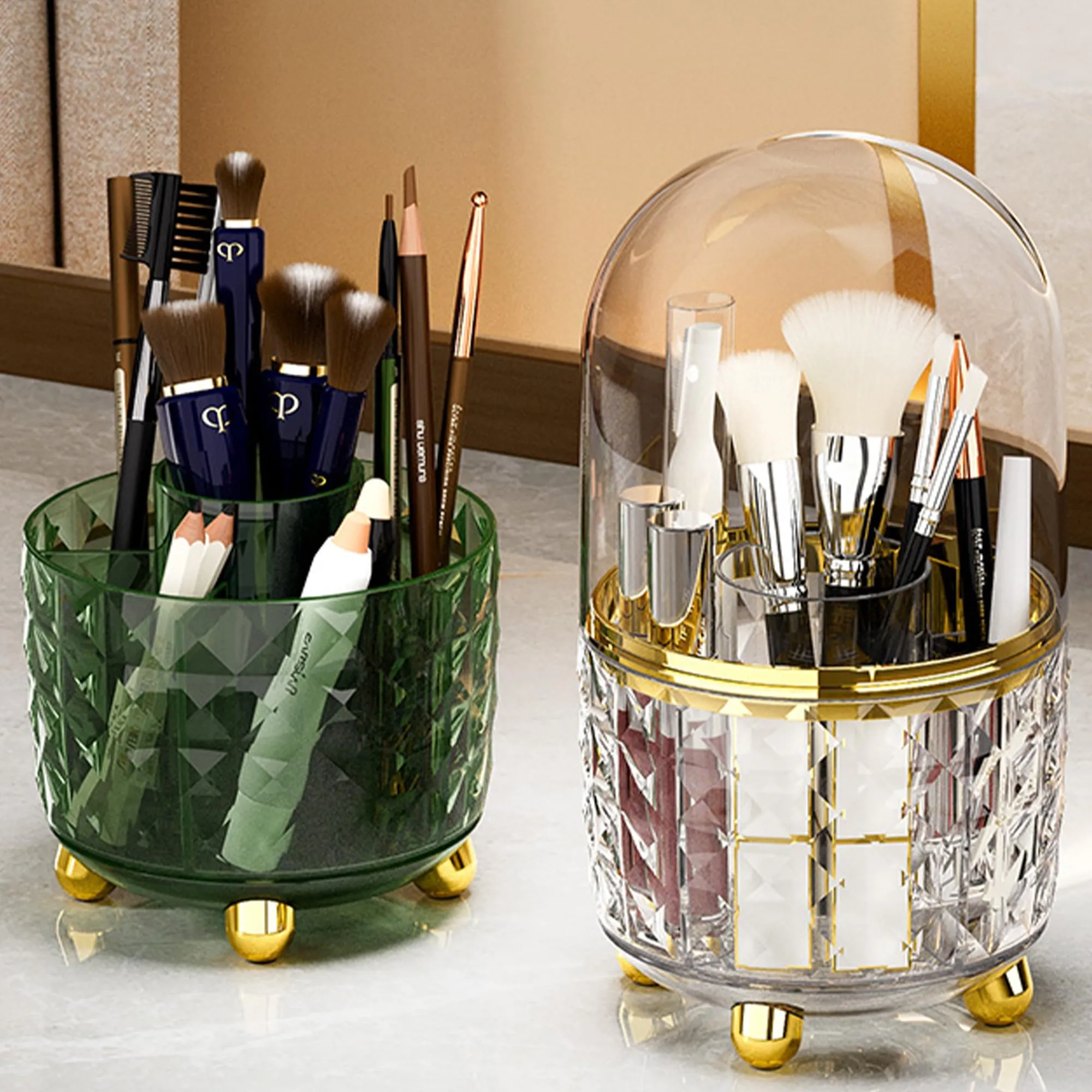 Kuber Industries Pack of 5 Multipurpose Storage Holder | Decorative Crystal Finish Stylish Look | Makeup Brush Holder | Desk Storage Container | YM.6698D | Dark Green Gold