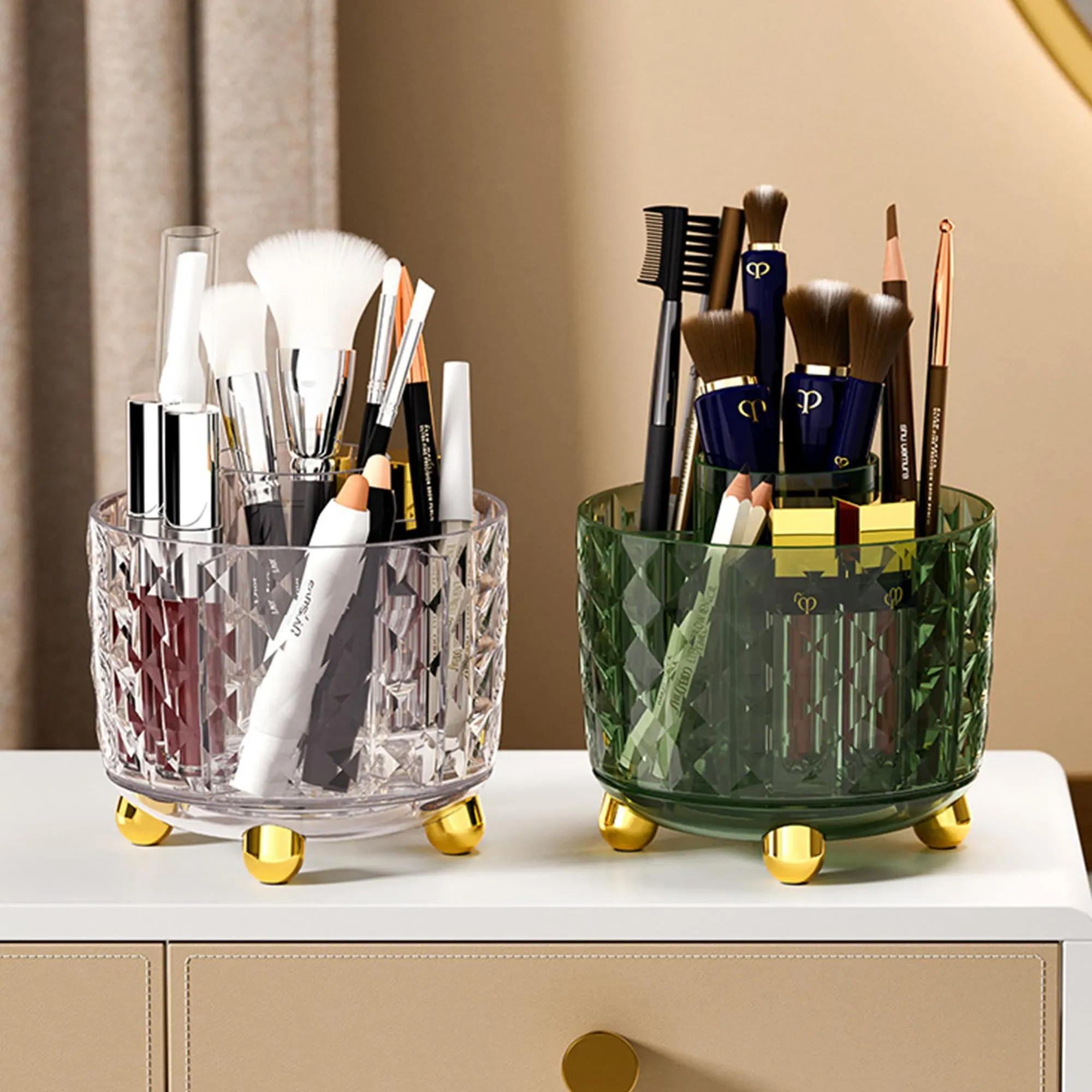 Kuber Industries Pack of 5 Multipurpose Storage Holder | Decorative Crystal Finish Stylish Look | Makeup Brush Holder | Desk Storage Container | YM.6698D | Dark Green Gold