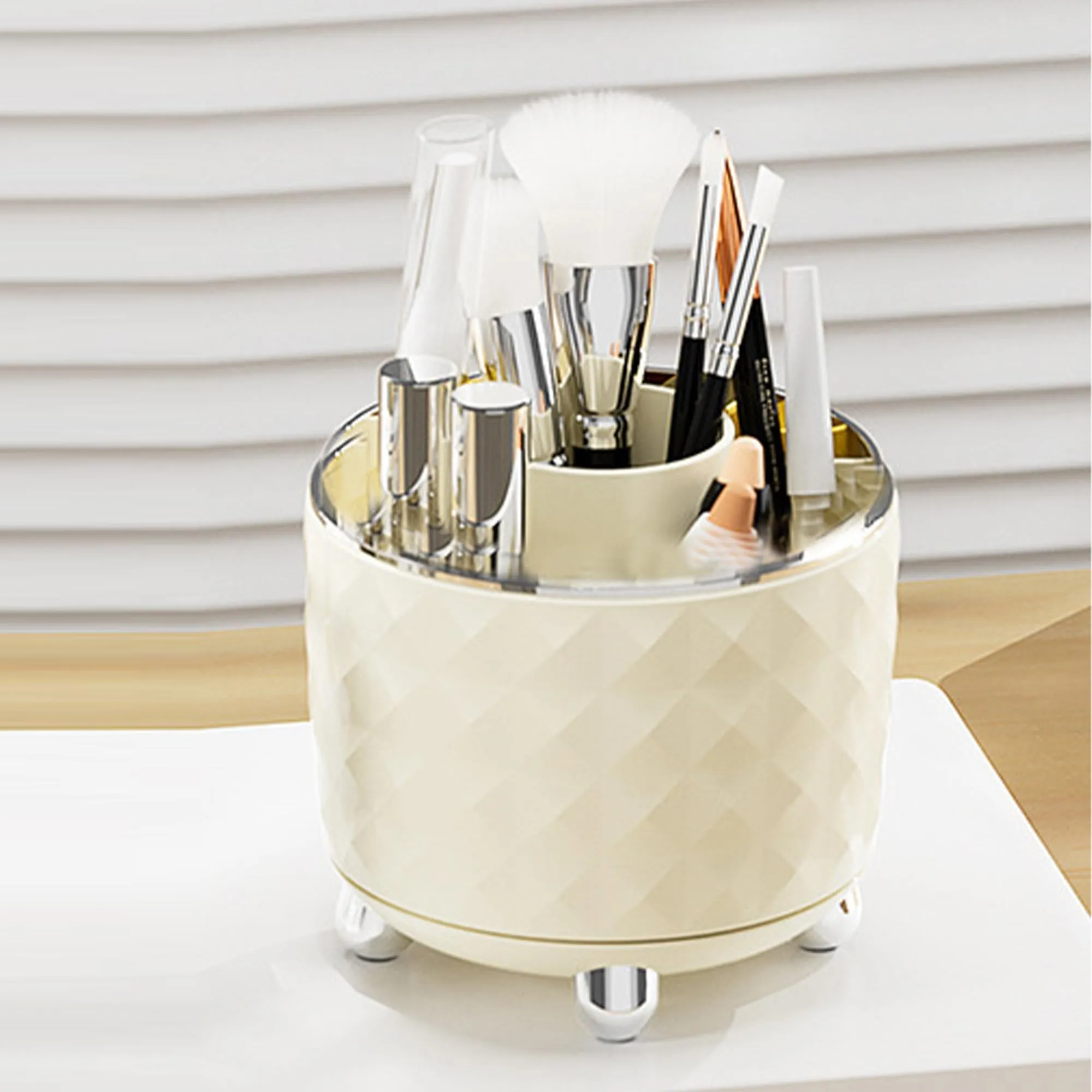 Kuber Industries Pack of 6 Multipurpose Storage Holder | Decorative Crystal Finish Stylish Look | Makeup Brush Holder | Desk Storage Container | YM.6698CS | Cream Silver