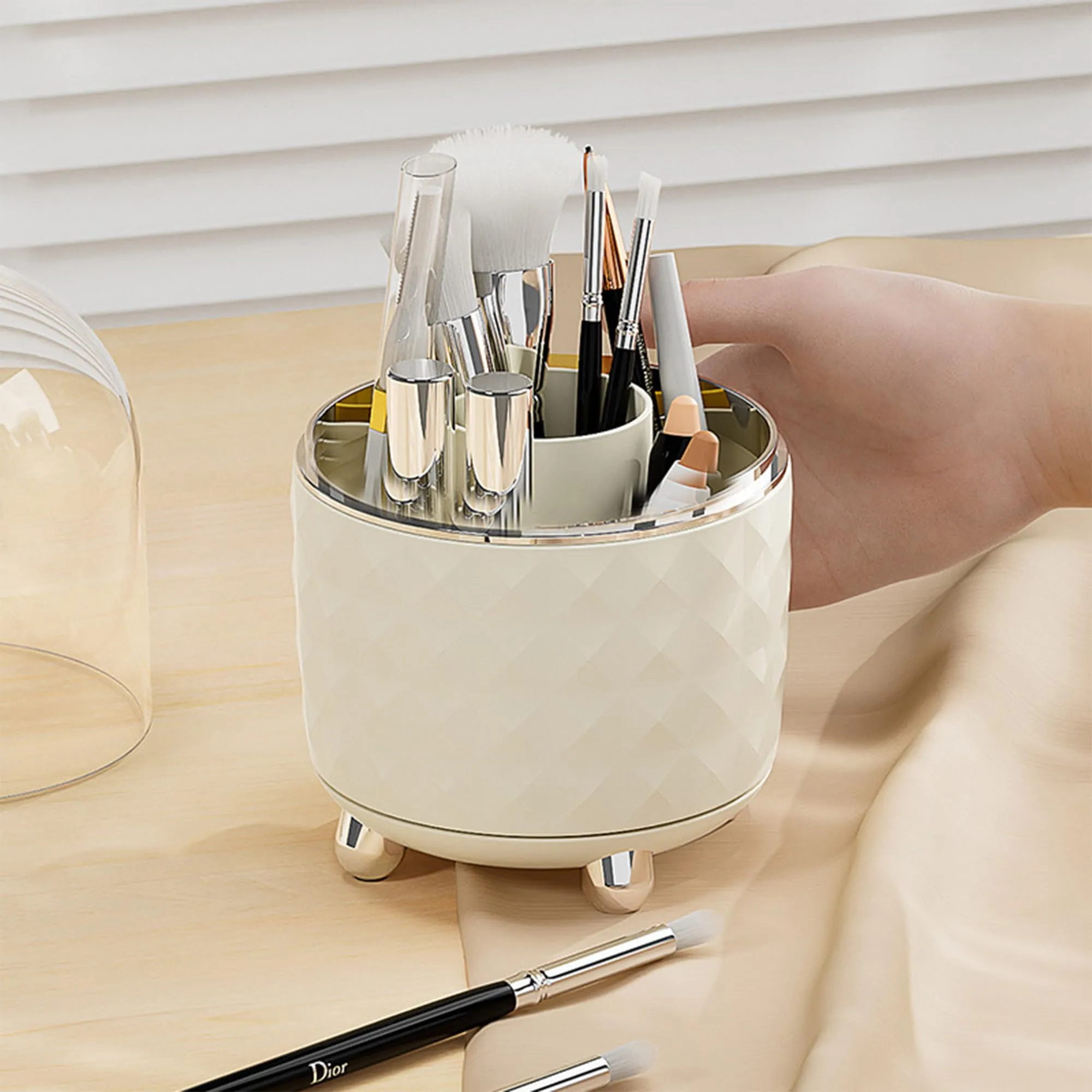 Kuber Industries Pack of 6 Multipurpose Storage Holder | Decorative Crystal Finish Stylish Look | Makeup Brush Holder | Desk Storage Container | YM.6698CS | Cream Silver