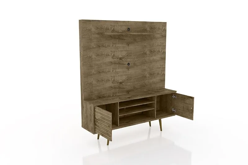 Liberty 63" Freestanding Entertainment Center with Overhead shelf in Rustic Brown