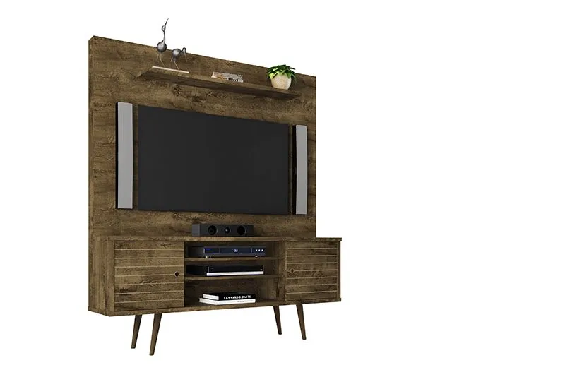 Liberty 63" Freestanding Entertainment Center with Overhead shelf in Rustic Brown