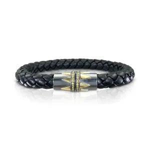 Magnet Leather Bracelet with Oxidized Silver, Gold Spikes and Yellow Diamond Clasp