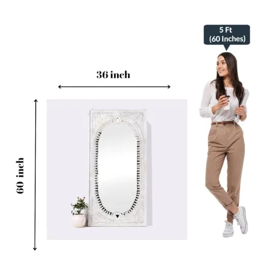 Manju Art Creations Handcrafted Wood Carved Green Spindle Design Mirror Frame in Mango Wood with White Distress Finish | Elevate Your Living Room and Bedroom Decor with Premium Wall Mirrors