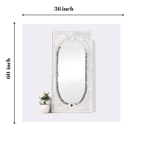 Manju Art Creations Handcrafted Wood Carved Green Spindle Design Mirror Frame in Mango Wood with White Distress Finish | Elevate Your Living Room and Bedroom Decor with Premium Wall Mirrors