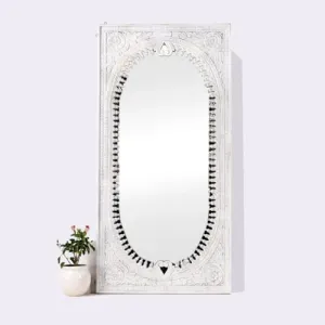 Manju Art Creations Handcrafted Wood Carved Green Spindle Design Mirror Frame in Mango Wood with White Distress Finish | Elevate Your Living Room and Bedroom Decor with Premium Wall Mirrors