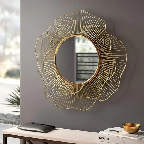 METALMASTERY Metal Sunflower Wall Mirror for Living Room, Dining Hall, Bedroom Reflect Decorative Mirror Add a Touch of Glamour to Your Space (Gold, Framed, Sunburst)
