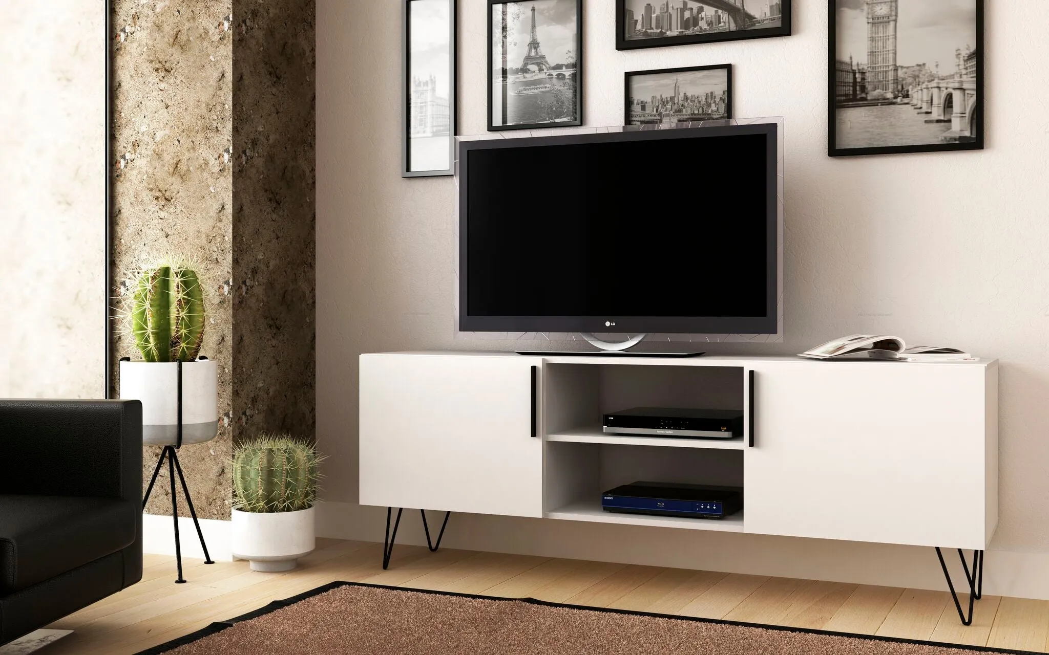 Mid-Century - Modern Nolita 63" TV Stand with 6 Shelves in White