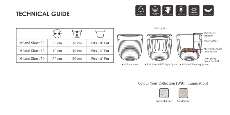 Milano Short Planter With/Without Illumination For Indoor Or Outdoor By Harshdeep - 1 Pc