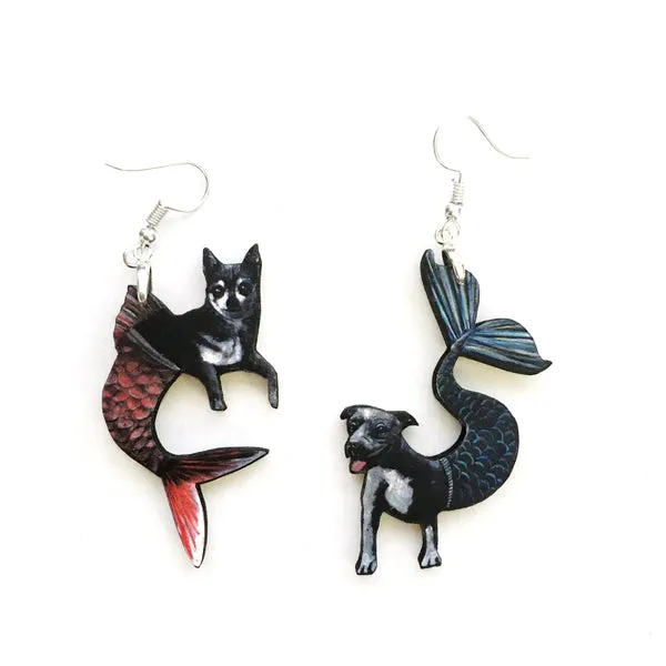 Mismatched Mermaid Pit Bull   Chihuahua Earrings - Eco-friendly, Zero Waste, plastic free, handmade