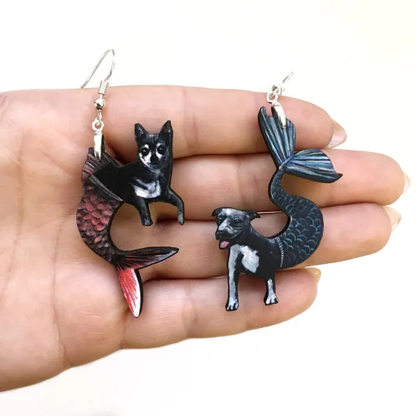Mismatched Mermaid Pit Bull   Chihuahua Earrings - Eco-friendly, Zero Waste, plastic free, handmade