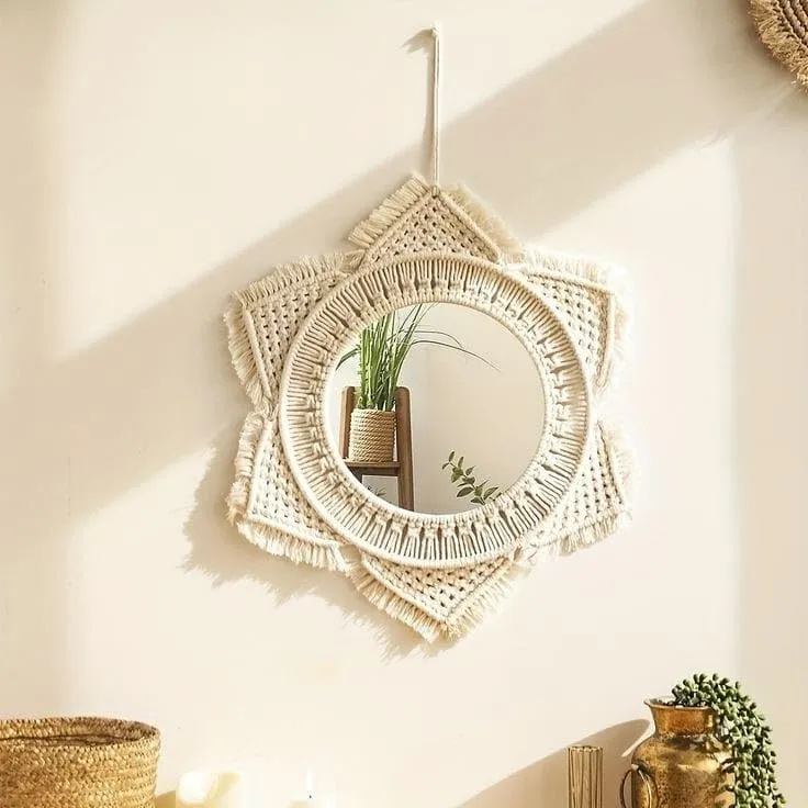 MOS HANDICRAFT Handmade Macrame Wall Mirror, 30 cm Diameter, Natural Beige (1, Oval)