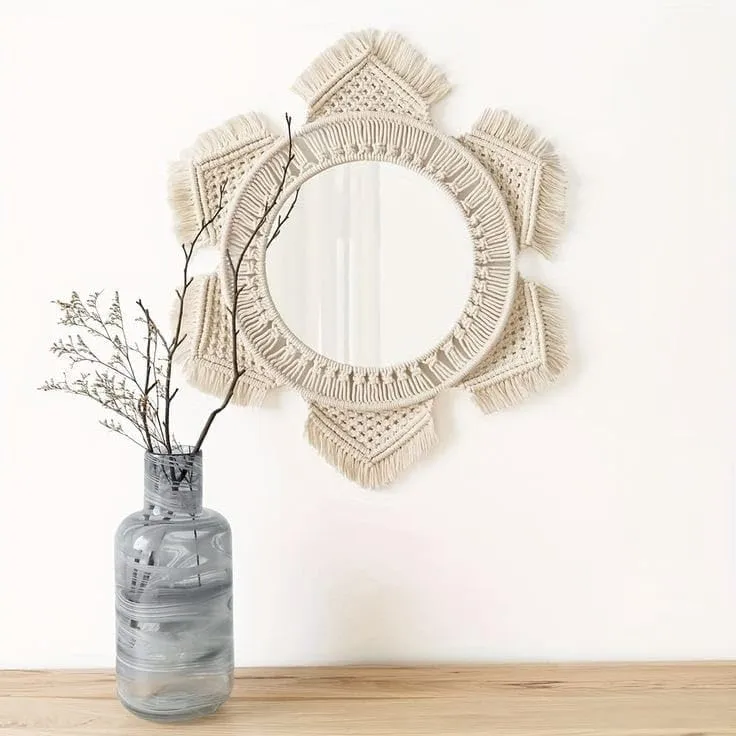 MOS HANDICRAFT Handmade Macrame Wall Mirror, 30 cm Diameter, Natural Beige (1, Oval)