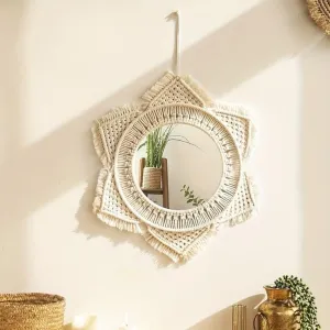 MOS HANDICRAFT Handmade Macrame Wall Mirror, 30 cm Diameter, Natural Beige (1, Oval)